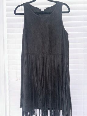 Fringe Hem Sleeveless Black Dress